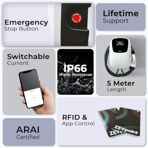 Image of Zevpoint 7.5kW Smart EV Charger | Display Screen, 5m TPU Cable | ARAI, CE & TUV Certified | App, RFID, BT | Adjustable Power |10+ Advanced Safety Protections | IP66 | Upto 5-Yr Warranty (Polar Pro)