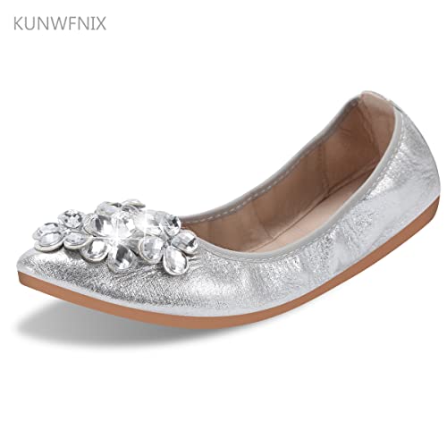 Kunwfnix Women Ballet Flats Rhinestone Wedding Ballerina Shoes Foldable Sparkly Comfort Slip On Flat Shoes(Silver 9.5-10) #TOP1