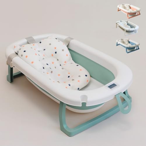 Bañera Bebé Plegable Portatil con Termómetro Integrado, Diseño Ergonómico, Cojín Antideslizante y Tapa de Seguridad (Verde pastel)