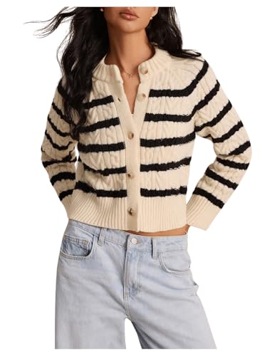 Image of GORGLITTER Women's Striped Sweater Cardigan Crewneck Button Down Long Sleeve Casual Knit Cropped Cardigan 2024 Trendy Black and White Small