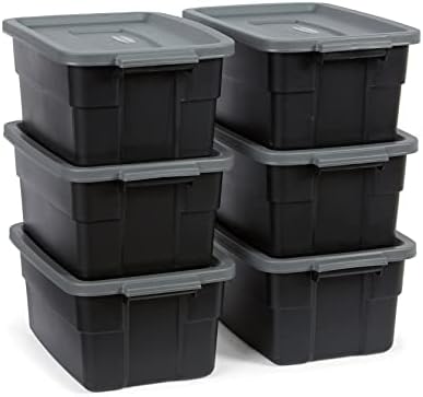 Rubbermaid Roughneck️ 3 Gallon Storage Totes, Pack of 6, Durable Stackable Storage Containers with Lids, Nestable Plastic Storage Bins for Accessories, Office Supplies, Tool Storage, Black and Grey
