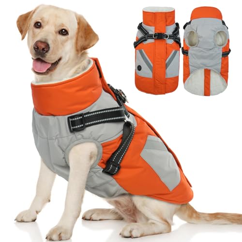 Hjyokuso Wasserdichter Hundemantel, Hundejacke mit Geschirr, Hundejacken für kleine Mittel Große Hunde, Winddichte Haustierkleidung Outfit mit Reflektierender Streifen und Reißverschluss - Orange 3XL