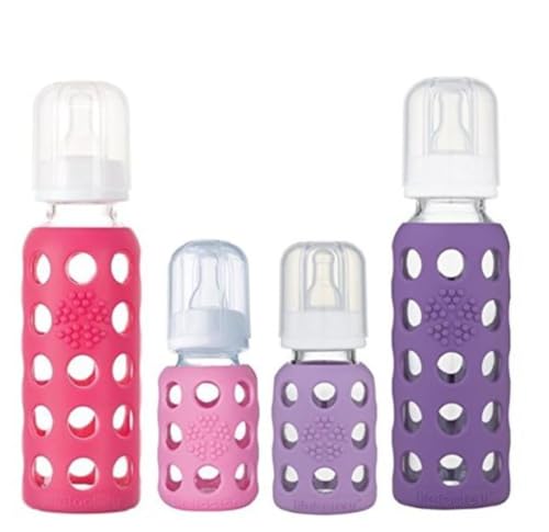 Lifefactory Glass Baby Bottle BPA Free | Protective Silicone Sleeve| 4 oz & 9 oz Pack of 4 | Pink, Raspberry, Lavender, Grape