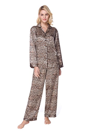 Lavenderi Women's Long Sleeve Premium Satin Pajama Set (Large, Leopard)