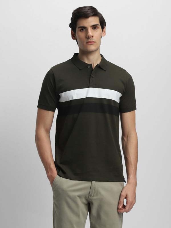 Image of Dennis Lingo Men's Olive Cotton Polo Neck Tshirt, Regular Fit Half Sleeve