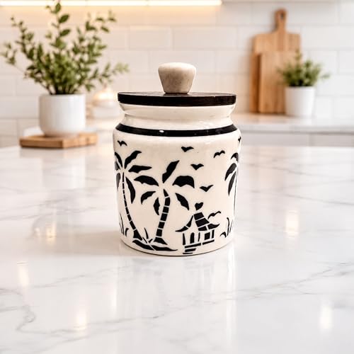 Image of Ceramic Kitchen Jars for Storage | Air Tight Containers with Wooden Lids | Masala, Salt, Pickle, Dry Fruits & Multi Utility Items Organiser Set (Hand-Painted, Black Hut, 450 ML, Pack of 1)