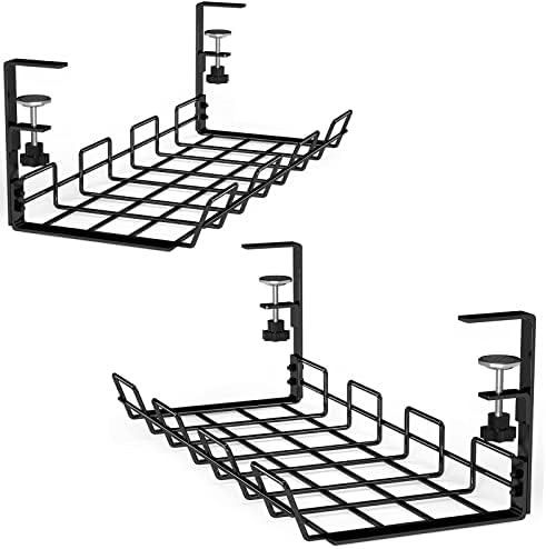 No Drill Under Desk Cable Management Tray, 2 Pack Cable Management Clamp to Desk Cable Rack Under Desk Cord Organizer, Sturdy Metal Cable Tray Basket for Office and Home Standing Desk