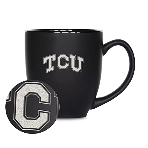 Rico Industries NCAA TCU Horned Frogs Main 15oz Laser Engraved Matte Black Ceramic Bistro Mug - for Hot or Cold Drinks