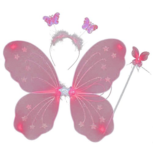 EFINNY Girl's Butterfly Fairy Princess Role Play Costume Set of 4 - Gillter Wings Headband Magic Wand Tulle Tutu Skirt Pink