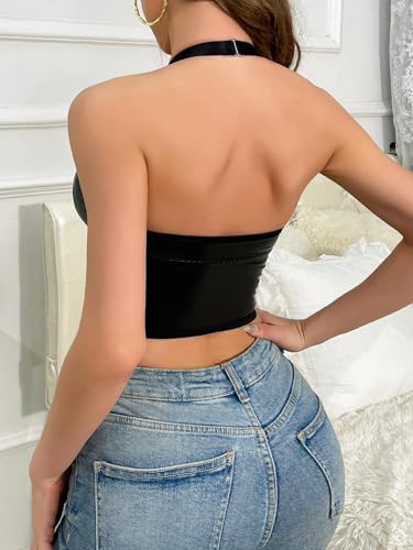 SOLY HUX Women's PU Leather Halter Crop Tank Tops Lace Up Wireless Bra for Club Party3