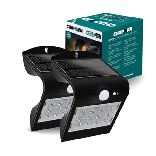 Chapman Muirfield 1.5W PIR LED Solar Security Light, IP65 Waterproof Garden Wall Lights with Motion Sensor, 4000K Neutral White Solar Lights for Garden, Outside Lights & Security (2 Pack - Black)