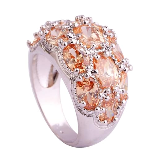 Narica Silver Plated Brilliant 6x4mm Oval Cut Created Morganite CZ Cubic Zirconia Pave Filled Halo Wedding Engagement Promise Eternity Band Womens Ring for Mom Bridal Lover 11#
