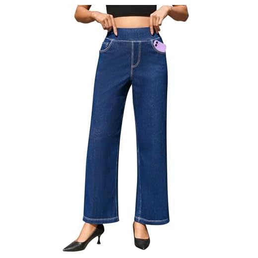 AVAMO Jeans feminino elástico de perna larga com cintura alta elástica para mulheres, calça jeans folgada casual lavada, Azul, G