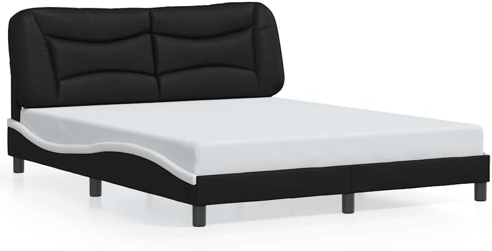 Modern Bed Frame Black and White with Headboard Cushion, Durable Solid Wood Platform Foundation, Sturdy Slatted Mattress Support for Bedroom Furniture, Easy Assembly, No Box Spring Needed
