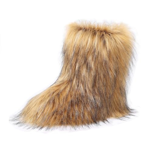 yamerbo Women's Faux Fur Boots Furry Fuzzy Fluffy Y2k Winter Snow Shoes Puffy Warm Short Mid-Calf Boots for Outdoor-Brown