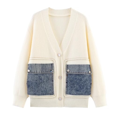 HOULENGS Women's Casual Open Front Patchwork Cardigan Sweaters Button Down V Neck Knit Sweater Jacket with Denim Pockets
