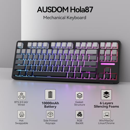 Image of AUSDOM H87 Wireless TKL Mechanical Keyboard 87 Keys, 10000mAh Battery, Tri-Mode Bluetooth 5.3 /2.4GHz / USB-C, Hot Swappable, Gasket Structure, RGB Backlit Gaming Keyboard for PC Mac, Black Grey