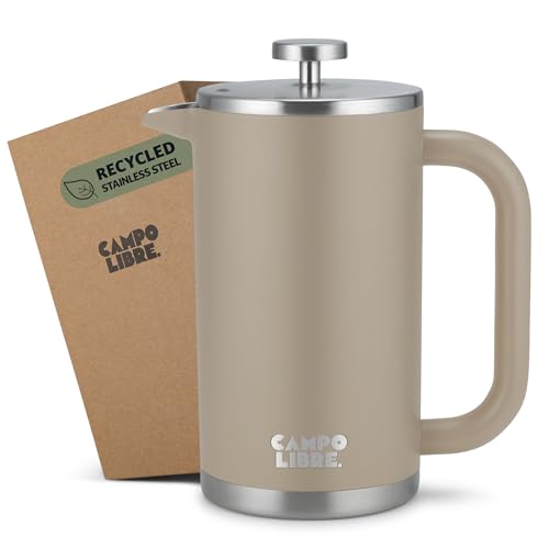 Campo Libre.® GIORGIO – Cafetera Francesa de Acero Inoxidable, Doble Pared Aislada, Sin Plástico – Prensa Francesa Térmica con Filtro Extra – Apta para Lavavajillas – Beige. 1000ml, 1l