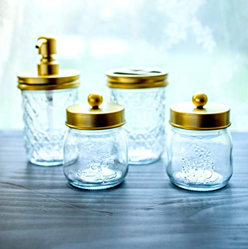 eatelle Mason Glass Bathroom Accessories Set Gold 4 Pieces, Soap/Lotion Dispenser, Qtip/Swabs, Cotton Balls, Toothbrushes Holder - Modern Decor Apothecary Jars Countertop, Vanity Organizer - Thumbnail 6