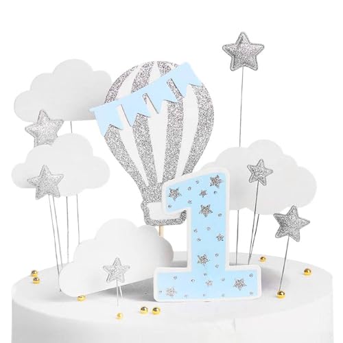 Bralucy 1st Birthday Happy Cake Decoration 12pcs Baby Cake Topper With Silver Glittering Stars Glittering Hot Air Balloons Cake Pick Decorations White Clouds Blue