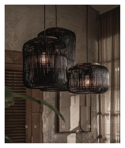 Lustre suspension japonaise en rotin wabi-sabi de finition noire