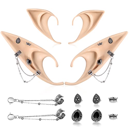 FRESHME Elf Ears with Piercing - Soft Cosplay Fairy Pixie Ears with Vintage Chain Elven Ear Halloween Custome Renaissance Christmas Accessories for Women