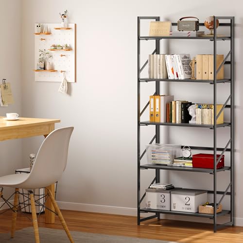 Image of JSB No Assembly Folding Bookshelf, 5 Tier Industrial Metal Book Shelf for Storage, Vintage Wood Foldable Bookcase for Living Room, Bedroom, Office Organization Shelves