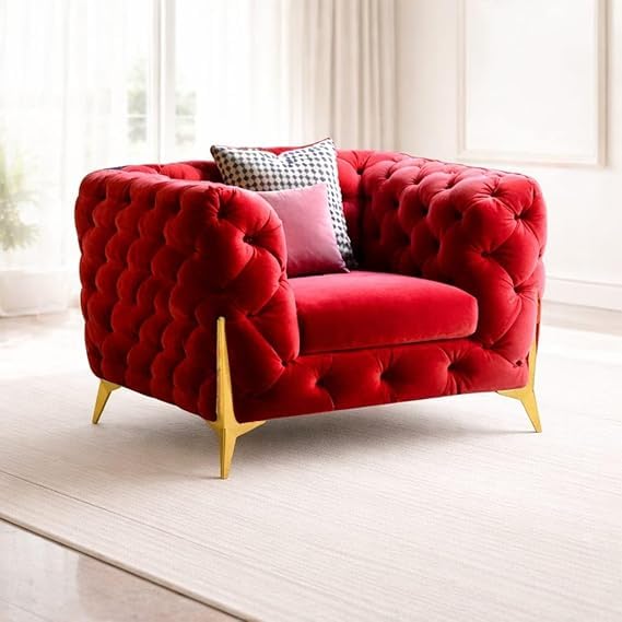 Image of A to Z Furniture Modern Classic Fabric & Valvet Tufted Chesterfield Sofa Living Room and Office (3+1= 4 Seater Sofa Set with Footrest Maroon)