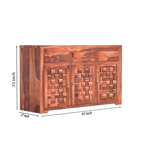 Image of Solid Sheesham Wood Sideboard Cabinet for Living Room | Wooden Storage Cabinet with 3 Drawers & 3 Doors | Chest of Drawers for Bedroom | Wooden Sideboard Cabinet | Honey Finish