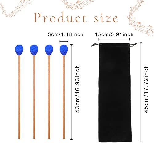 2 Pairs Marimba Mallets With Maple Handles Blue Yarn Mallets Percussion Vibrophone Mallets Medium Hard Timpani Mallets Yarn Drum Sticks With Bag, 16.5 Inches In Length #TOP1