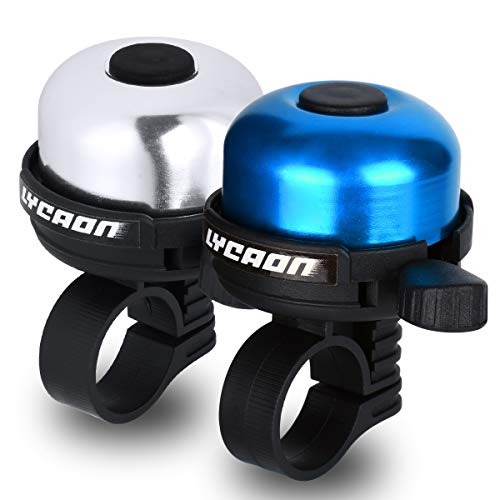 LYCAON Bicycle Bell Mini Aluminum Alloy Bike Ring Horn Accessories for Scooter Cruiser Ebike Tricycle Mountain Road Bike MTB BMX Electric Bike (Blue&Silver - Right Side Use - 2Packs)