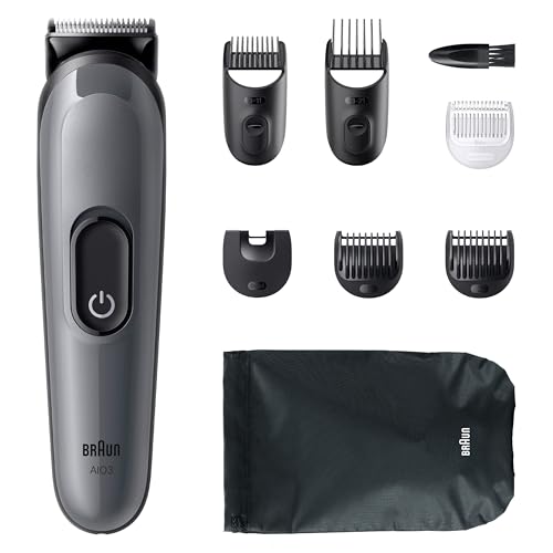 Braun All-in-One Trimmer-Set 3, 8-in-1 Multigroom, Barttrimmer, Haarschneidemaschine für Gesicht und Kopf, 50 Min Akku, 14 Längen (3–21 mm), AIO3540, Grau