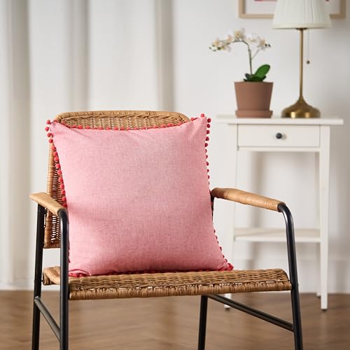 Image of 100% Cotton Pom Pom Cushion with Filler, Elegant & Modern Cushion Cover for Living Room, Square Shape, 20 inchx20 inch, uni Chambray, Set of 5 - Viva Magenta