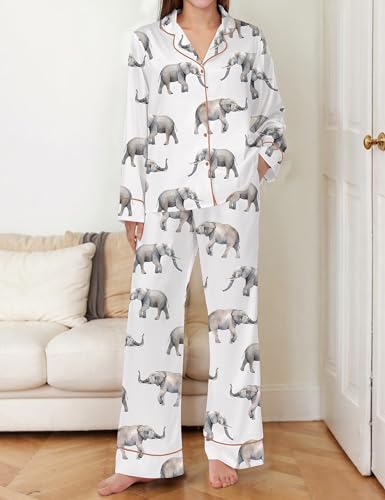 Image of SHESHOW Satin Pajamas Set for Women Set Long Sleeve Button Down Pjs Sets 2 Piece Loungewear Animal Sleepwear XS-XXL