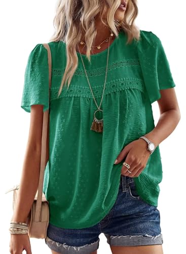 Falechay Plus Size Tops for Women Swiss Dot Solid Lace Flowy Short Sleeve Blouse Boho Round Neck Girls Loose Fit 2026 Clover Green XXL