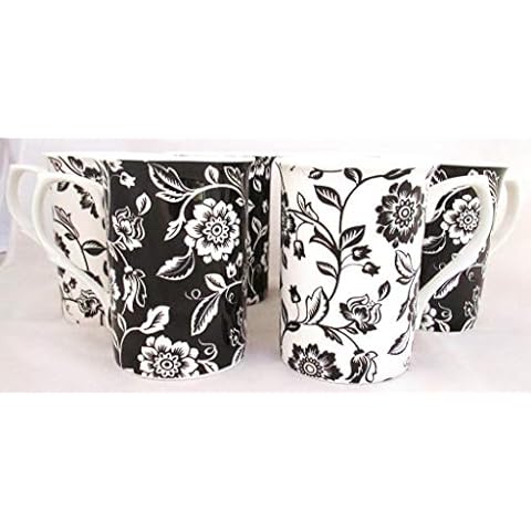 fromeuropewithlove Verona Black & White Mugs Fine Bone China Mugs (Set of 6) Hand Decorated in the U.K. FREE UK Delivery Cover