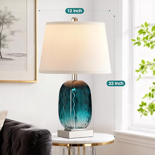 Table Lamp Set of 2 Touch Control, Coastal Teal Blue Glass Bedside Lamp with USB A+C Ports, 3-Way Dimmable Beach Nightstand Lamps with White Fabric Shade for Living Room Bedroom (LED Bulbs Included) - Image 4