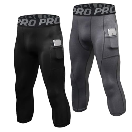 3/4 Compression Pants for Men with Pockets Capri Sports Legging Basketball Running Tights Cool Dry Workout Baselayer
