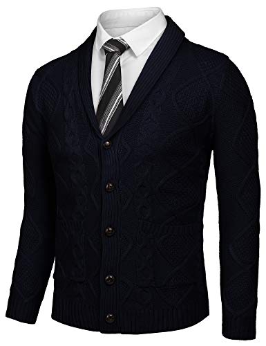 JINIDU Men's Shawl Collar Cardigan Sweater Slim Fit Casual Button Down Cardigan Knitted Jacket Navy Blue
