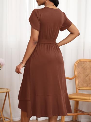 Image of PerZeal Women's Summer Dress Casual Ruffle Sleeve Crewneck A-Line Tiered Flowy Short Sleeve Long Dress with Belt