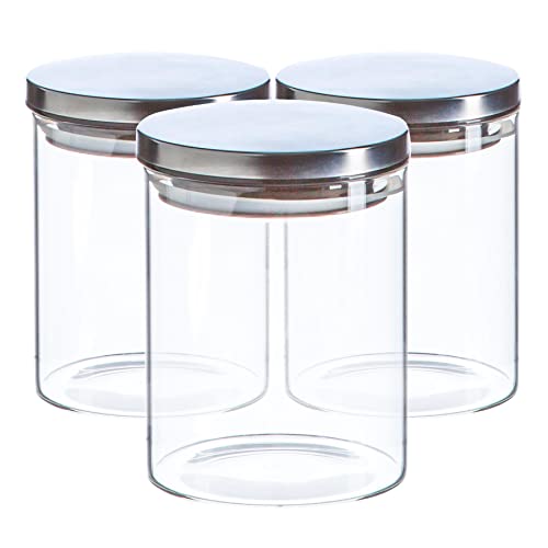 Argon Tableware Scandi Storage Jars with Metallic Silver Lids - 750ml - 3 Pack - Modern Round Organisation Container Glass Jar for Kitchens, Pantry, Bathrooms, Utility Rooms