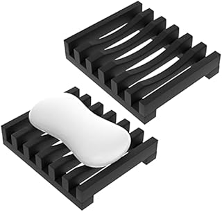 BlueDirects 2 Pack Silicone Soap Dish, Dishes for Bathroom, Sink Deck Bathtub Shower Dish Drainer, Anti-slip Design Bathroom Kitchen Sponge Storage, Black, M
