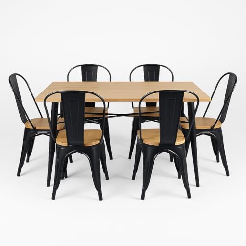 Kosmi Ensemble Table et Chaises Style Industriel, Métal Noir Mat et Bois Naturel, 60x60 à 160x80 cm, Design Factory, pour Salle à Manger et Restaurant (Bois...