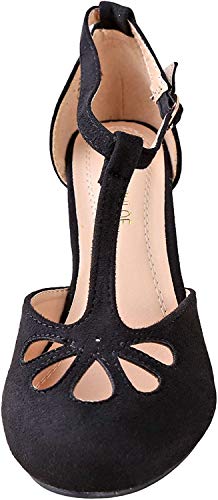 Chase & Chloe Kimmy-36 Women's Teardrop Cut Out T-Strap Mid Heel Dress Pumps (8.5, Black Nubuck)3