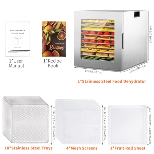 Image of Food Dehydrator for Jerky, 10 Stainless Steel Trays, 10 Presets with 48H Timer & Temp Control, 850W Food Dryer for Fruit, Meat, Herbs, Dog Treats, with Mesh Screens, Fruit Roll Sheet & Recipe Book