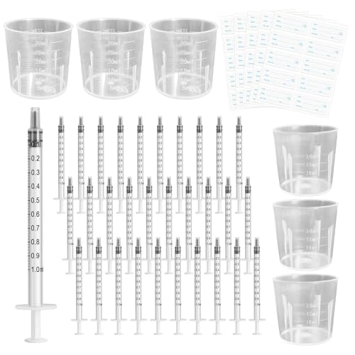Seringue 1ml, 30 Seringue Colostrum Avec Bouchons, Sans Aiguille, Avec 3 Gobelets Doseurs De 20 Ml, 3 Gobelets Doseurs De 30 Ml Et 50 Étiquettes Adhésives, Seringue 1ml