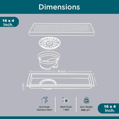 Image of Bathroom Drain Jali Big Size 16 x 4 Inch Drainer Cover | Linear /Vertical 304 Grade Stainless Steel Floor Drain Channel with Cockroach Trap | Shower Water Drainer