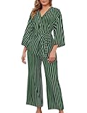 VibeVista Striped Pajamas for Women Set Kimono Lounge Sets 2 Piece Long Sleeve Pajama Tops and Pants Outfits with Belt Cozy Loungewear Green XL