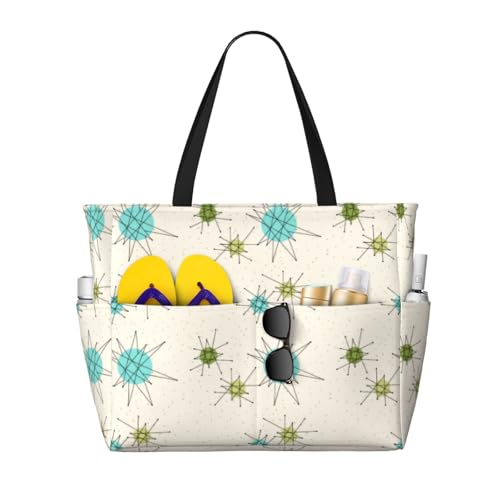 Iconic Atomic Starbursts Oversized Waterproof Beach Bag – Multi-Pocket Zipper Tote, Compact Foldable Design For Travel, Pool, Shopping & Outdoor Adventures