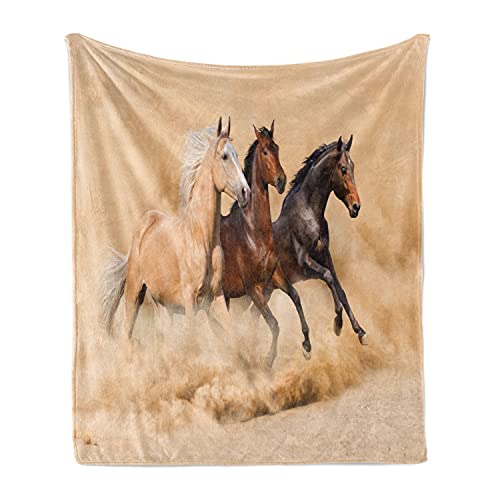 Lunarable Horses Throw Blanket, 3 Horse Running in Desert Storm Mythical Mystic Messenger Animals Habitat Print, Flannel Fleece Accent Piece Soft Couch Cover for Adults, 50' x 70', Cream Brown